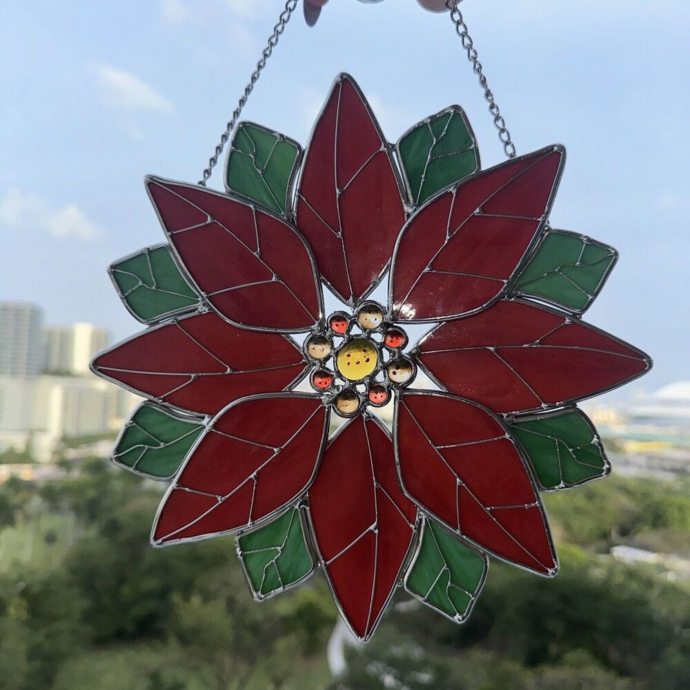 Stained‎ Glass Pointsettia Christmas Flower Wreath Door Window Decor Sun Catcher